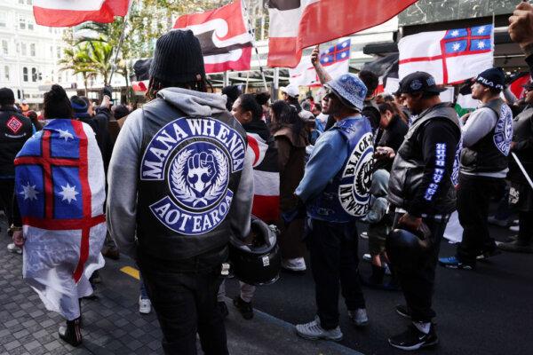 Black Power gang members wearing insignia join a march down Queen St in Auckland, New Zealand, on May 30, 2024. (Fiona Goodall/Getty Images)