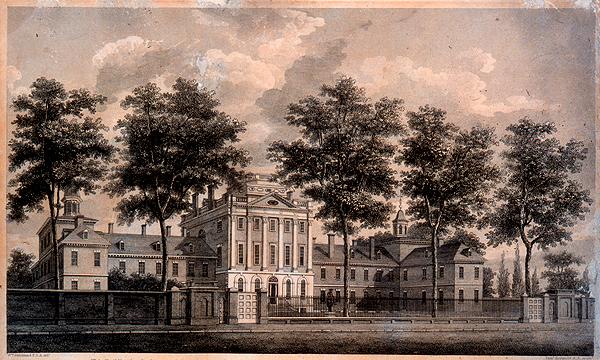 The Pennsylvania Hospital, 1755, engraving by William Strickland. (Public Domain)