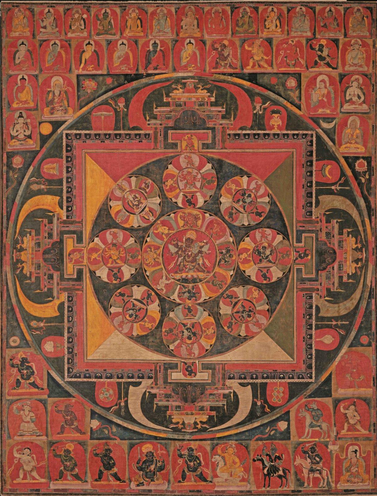“Chemchok Heruka Mandala,” second half of 12th century, Tibet. Mineral pigments on cotton; 38 inches by 30 inches. Michael J. and Beata McCormick Collection. (Michael J. and Beata McCormick Collection)