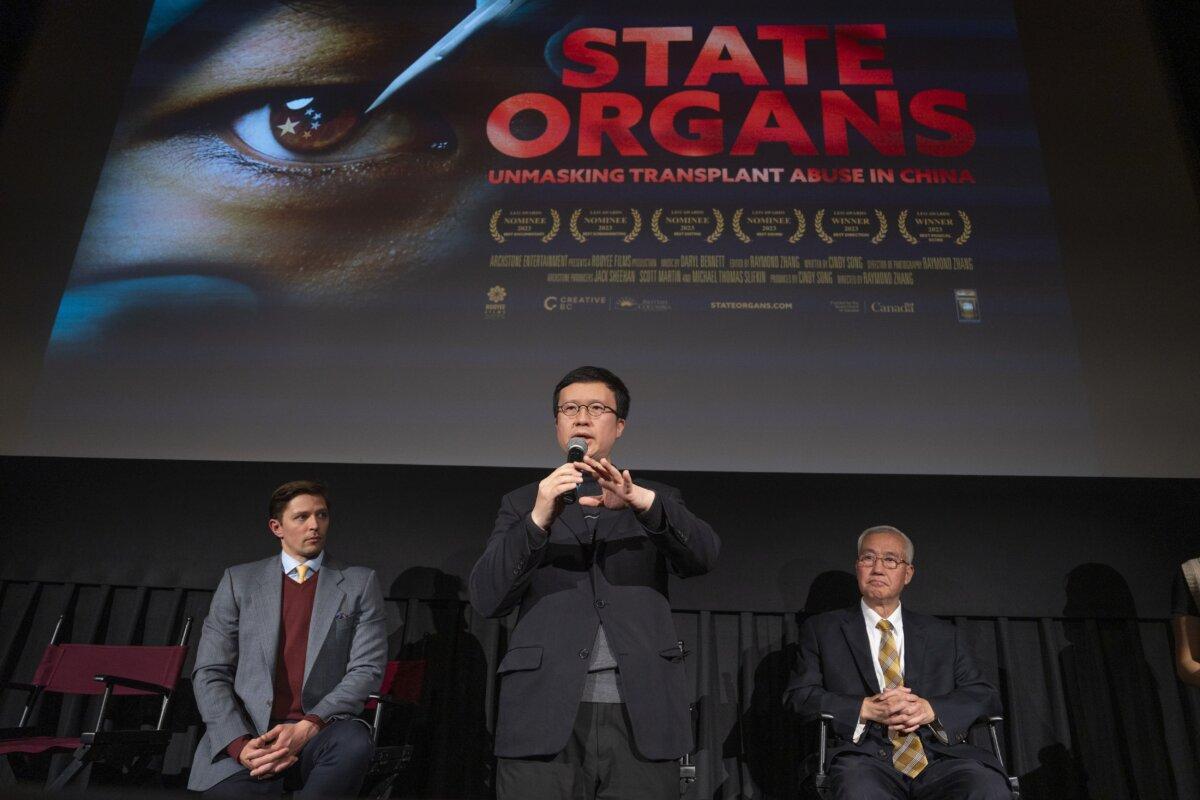(L–R) Panel host Roman Balmakov, film director Raymond Zhang, and Wang Zhiyuan, director of the World Organization to Investigate the Persecution of Falun Gong, speak during a panel discussion after a State Organs movie screening at Village East by Angelika in New York City on Nov. 9, 2024. (Samira Bouaou/The Epoch Times)