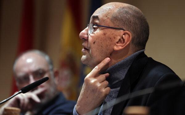 Co-founder of Spain's Vox party, Alejo Vidal-Quadras, shows the point of exit of the bullet, as he talks about the assassination attempt he suffered in November 2023, in Madrid on Feb. 23, 2024. (Thomas Coex/AFP via Getty Images)