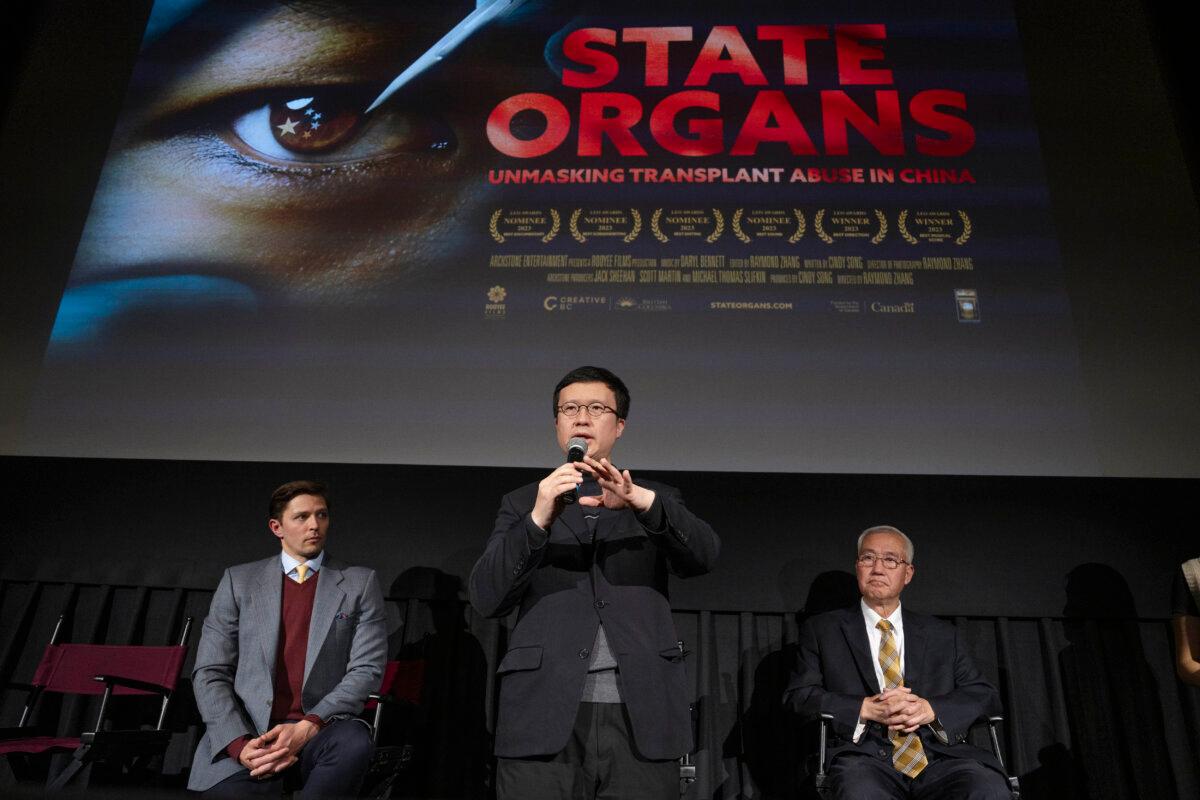 (LR) Panel host film director Raymond Chang Roman Balmakov and director of world organizations Wing Ziyuan spoke during the panel discussion to investigate the persecution of Falun Gong. "Condition organs" Angelica in New York City will be in Village East on November 9th, 2024.