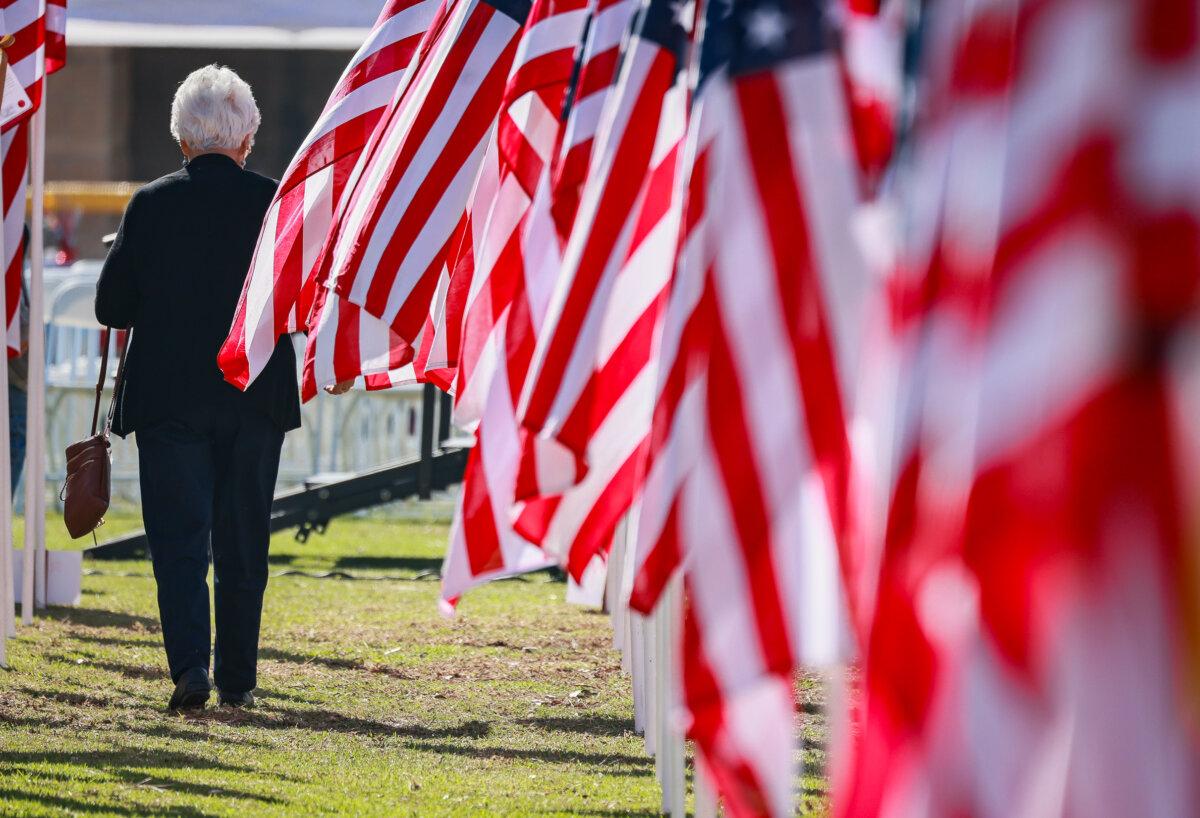 American flags on display to honor U.S. military veterans in Handy Park, in Orange, Calif., on Nov. 11, 2024. (John Fredricks/The Epoch Times)