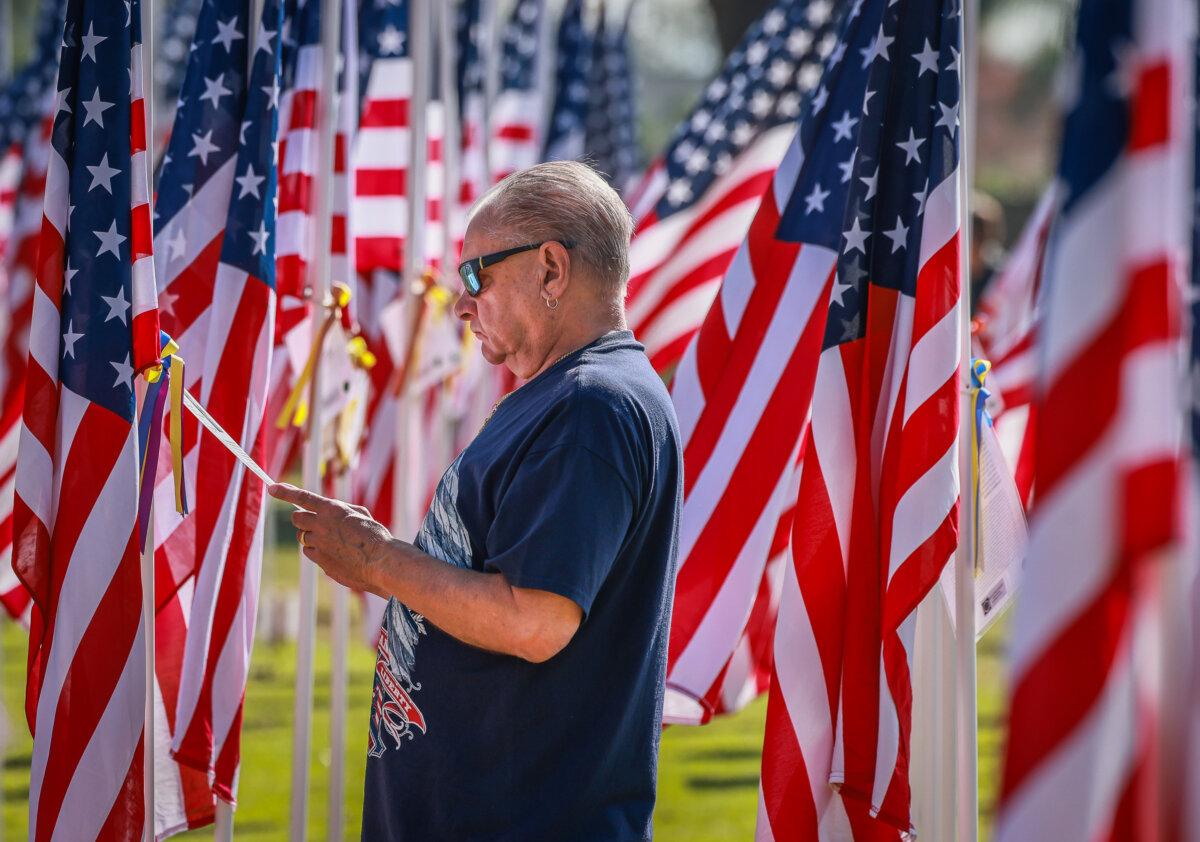 American flags on display to honor U.S. military veterans in Handy Park, in Orange, Calif., on Nov. 11, 2024. (John Fredricks/The Epoch Times)