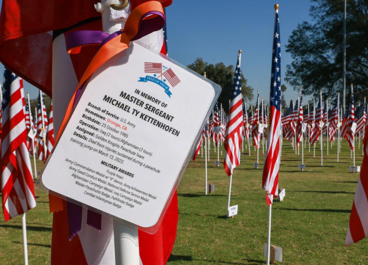 American flags on display to honor U.S. military veterans in Handy Park, in Orange, Calif., on Nov. 11, 2024. (John Fredricks/The Epoch Times)