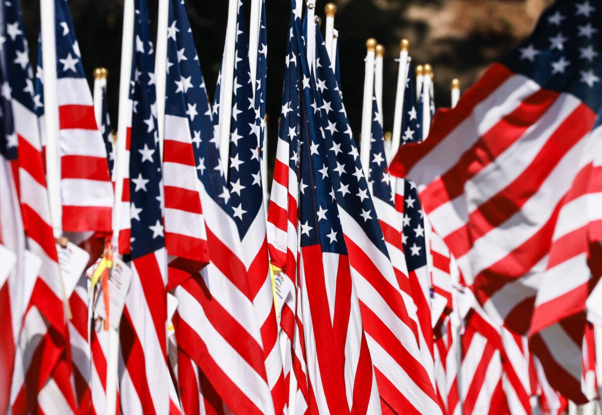 American flags on display to honor U.S. military veterans in Handy Park, in Orange, Calif., on Nov. 11, 2024. (John Fredricks/The Epoch Times)