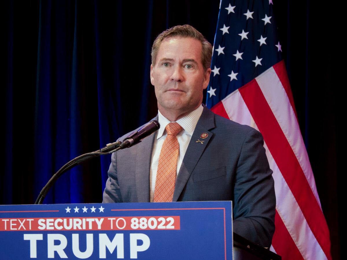Rep. Mike Waltz (R-Fla.) speaks at a Trump campaign press conference at the Trump Hotel in Chicago on Aug. 21, 2024. (Travis Gillmore/The Epoch Times)