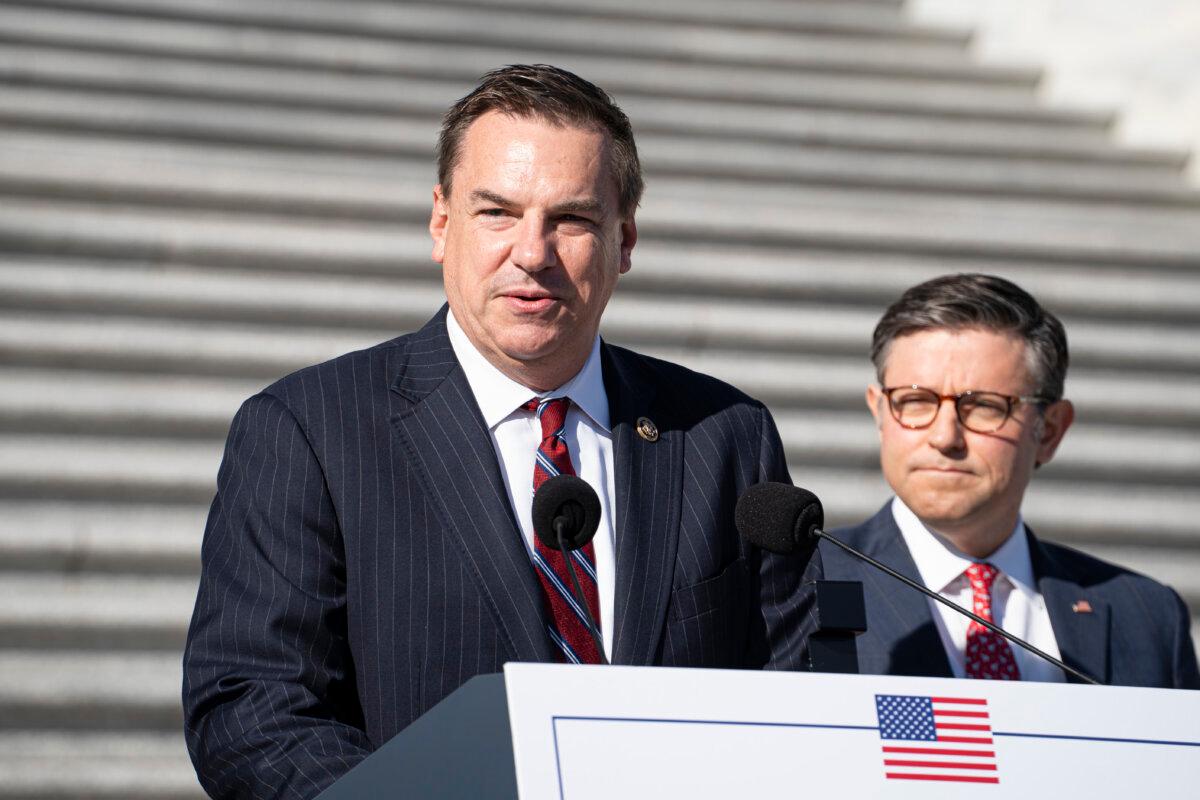 Chair of the National Republican Congressional Committee Rep. Richard Hudson (R-N.C.), joined by other House Republicans, speaks during a first press conference since the 2024 presidential election results on Capitol Hill in Washington on Nov. 12, 2024. (Madalina Vasiliu/The Epoch Times)
