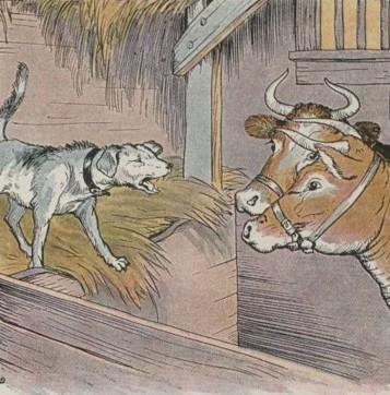 「飼い葉桶の中の犬」は、ミロ・ウィンターが描いた『イソップ物語』より、1919 年。(PD-US)