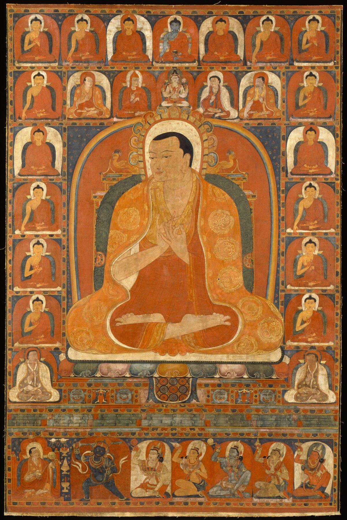 "Portrait of a Kadam Master With Buddhas and His Lineage," circa 1180–1220, Central Tibet. Distemper (pigment with animal glue or casein) on cloth; 45 inches by 30 inches. Michael J. and Beata McCormick Collection, Metropolitan Museum of Art, New York City. (Public Domain)