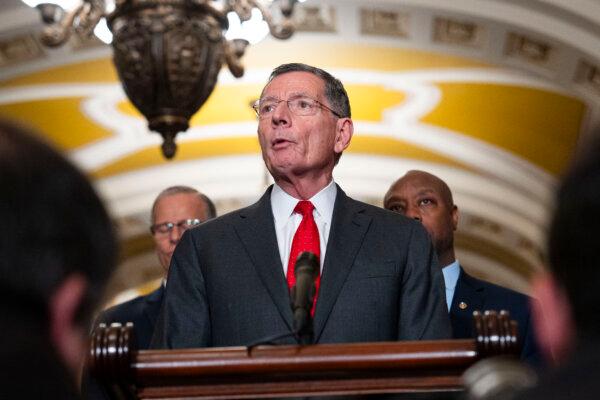 Sen. John Barrasso (R-Wyo.) speaks after the Senate Republican leadership election in Washington on Nov. 13, 2024. (Madalina Vasiliu/The Epoch Times)
