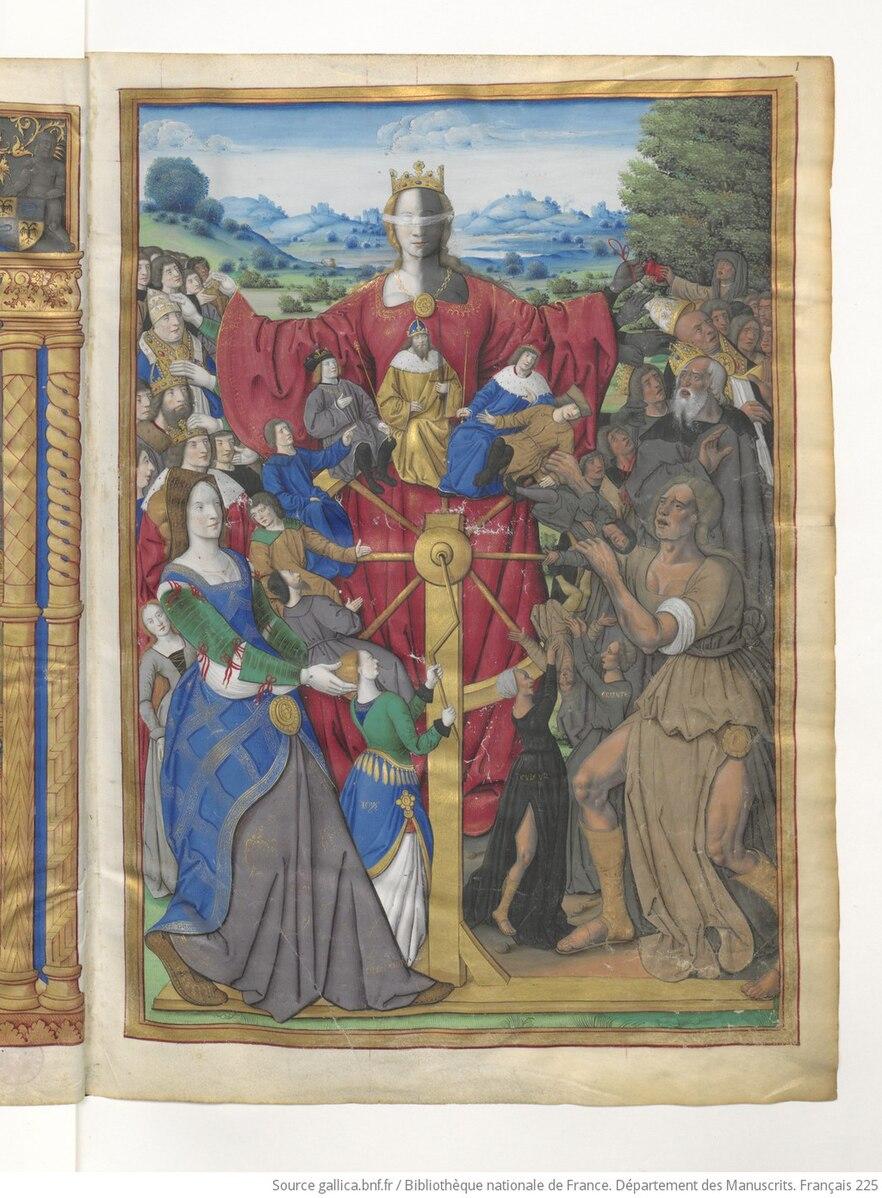 "Lady Fortune and her Wheel," 1503, by Jean Pichore. This page from a larger copy of "Consolation of Philosophy" depicts the wheel of fortune that lifts some and reduces others. (Public Domain)