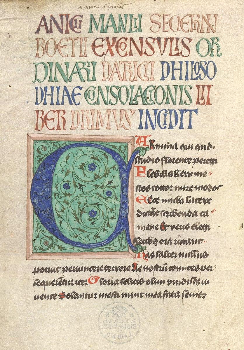 An illuminated, 15th-century copy of "Consolation of Philosophy" is preserved to this day. Boethius's work made a profound impact on Western culture, literature, and history. (PD-US)