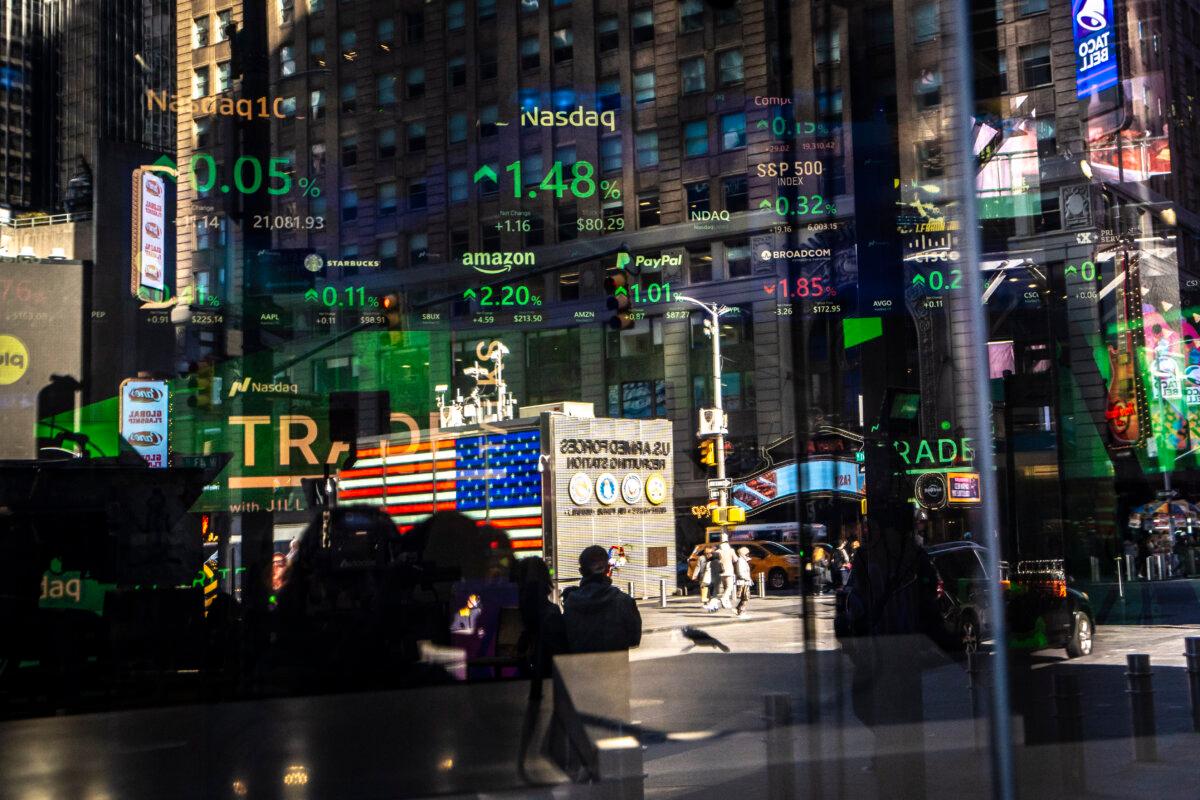 The Nasdaq MarketSite in Times Square in New York City on March 2, 2024. (Samira Bouaou/The Epoch Times)