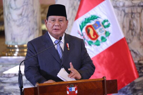Indonesia's President Prabowo Subianto delivers a speech after a meeting with Peru's President Dina Boluarte at the government palace in Lima on November 14, 2024, on the sidelines of the Asia-Pacific Economic Cooperation (APEC) Summit. (Photo by HUGO CUROTTO/AFP via Getty Images)