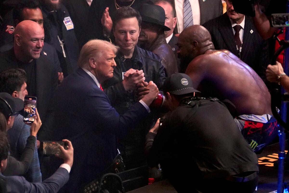 President-elect Donald Trump greets Jon Jones after he defeated Stipe Miocic at UFC 309 at Madison Square Garden in New York early on Nov. 17, 2024. (Evan Vucci/AP Photo)