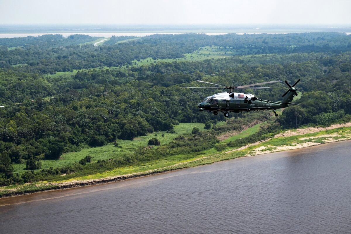Marine One, with President Joe Biden aboard, flies over the Amazon River during an aerial tour during his visit to Manaus, Brazil, on Nov. 17, 2024. (Saul Loeb/AFP via Getty Images)