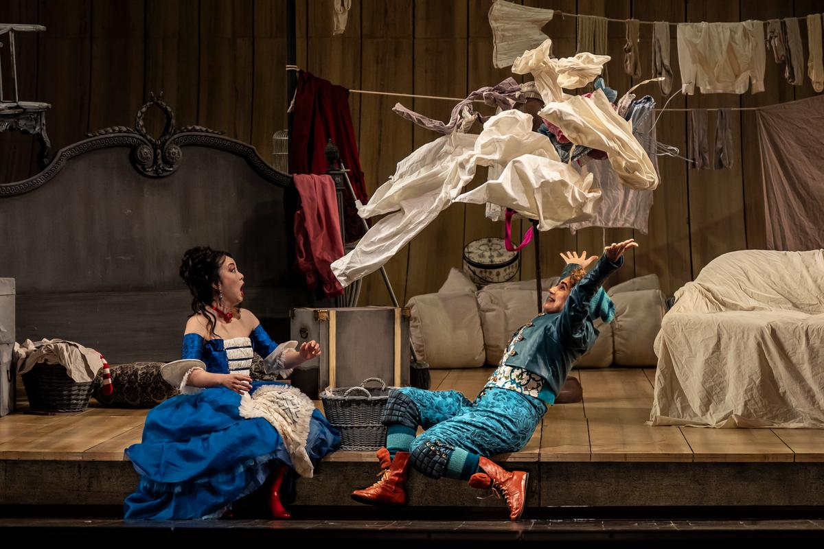 Susanna (Ying Fang, L) is astonished by the comedic Cherubino (Kayleigh Decker), in "The Marriage of Figaro." (Liz Lauren)