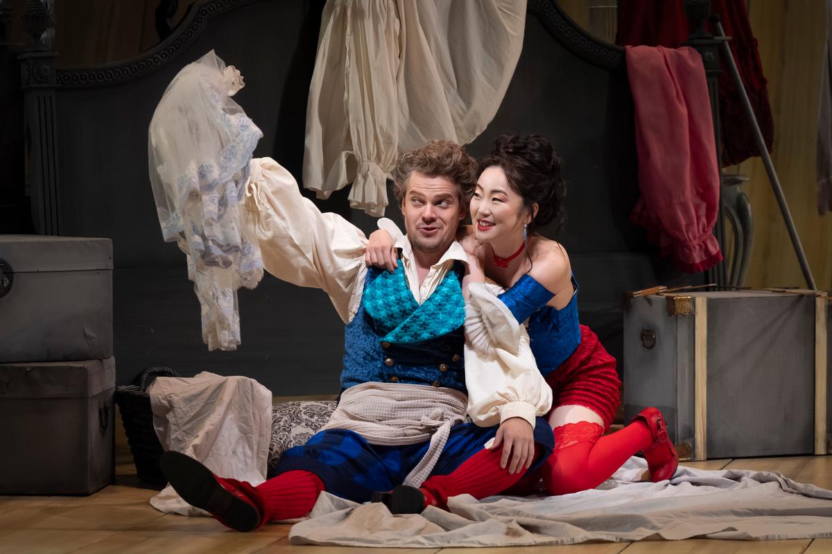 Figaro (Peter Kellner) laughs with his betrothed Susanna (Ying Fang), in "The Marriage of Figaro." (Liz Lauren)