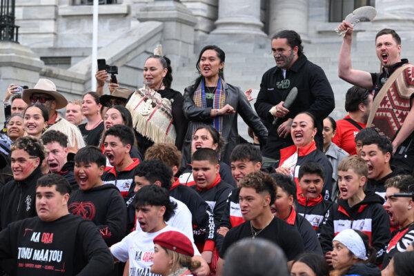Maori Party MPs Debbie Ngarewa-Packer, Hana-Rāwhiti Maipi-Clarke, and Eru Kapa-Kingi lead a Haka on the Parliament Grounds in Wellington, New Zealand on Nov. 19, 2024. (Joe Allison/Getty Images)