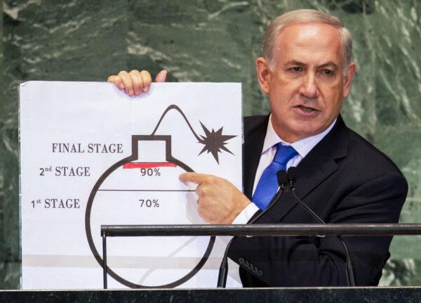 Israeli Prime Minister Benjamin Netanyahu uses a diagram of a bomb to describe Iran's nuclear program while delivering an address to the 67th U.N. General Assembly meeting at the United Nations in New York City on Sept. 27, 2012. (Don Emmert/AFP via Getty Images)