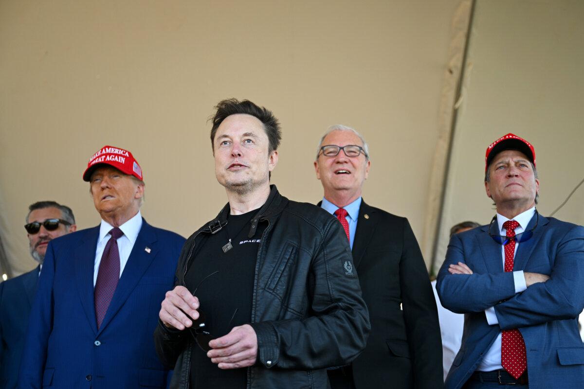 President-elect Donald Trump speaks alongside Elon Musk (C) and Senate members including (L-R) Sen. Ted Cruz (R-Texas), Sen. Kevin Cramer (R-N.D.), and Rep. Ronny Jackson (R-Texas) before attending a viewing of the launch of the sixth test flight of the SpaceX Starship rocket in Brownsville, Texas, on Nov. 19, 2024. (Brandon Bell/Getty Images)