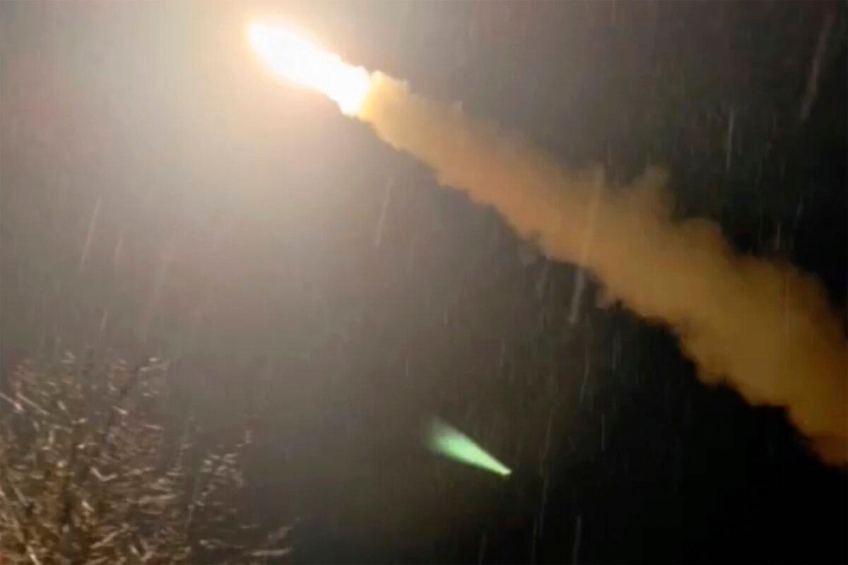 This image was made from a video posted by a Telegram channel affiliated with the Ukrainian military on Tuesday, Nov. 19, 2024. The channel says it shows a U.S.-supplied ATACMS missile being fired from an undisclosed location in Ukraine. (Lachen Pyshe Telegram via AP)