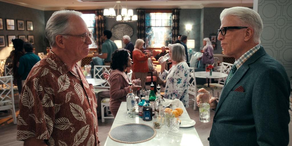 Elliott (John Getz, L) and Charles (Ted Danson) face off, in "A Man on the Inside." (Netflix)