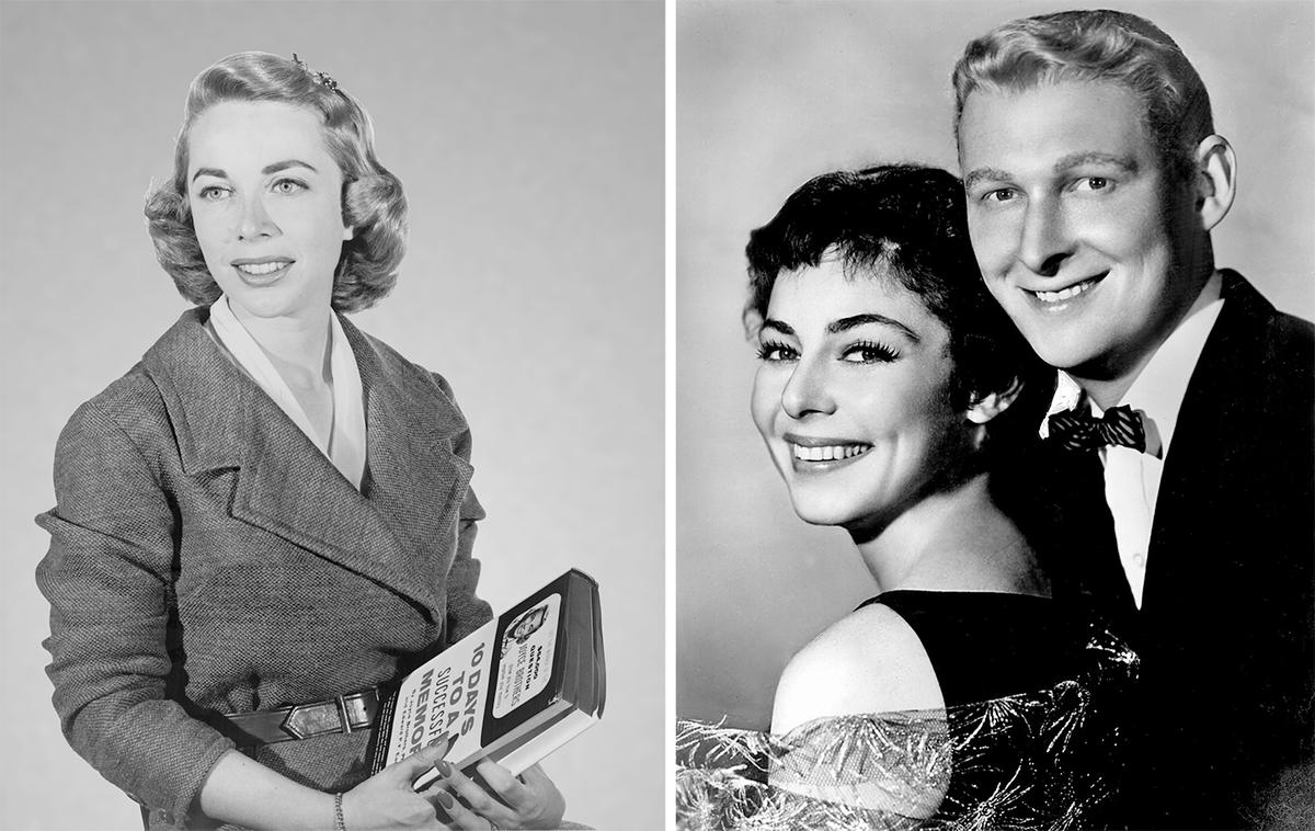 (L) Joyce Brothers holding a copy of her book “10 Days to a Successful Memory,” photographed by Phyllis Twachtman in 1957. New York World-Telegram & Sun Newspaper Photograph Collection, Library of Congress. (R) Publicity photo of Elaine May and Mike Nichols, 1958. (Public Domain)