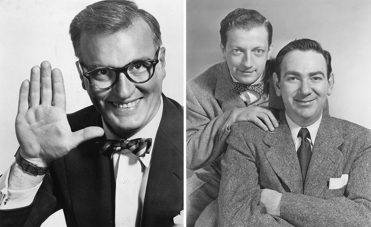 (L) Dave Garroway's traditional broadcast sign-off-an upraised palm while he said "Peace.” (Public Domain) (R) TV and radio comedy duo Bob and Ray. (FPG/Getty Images)