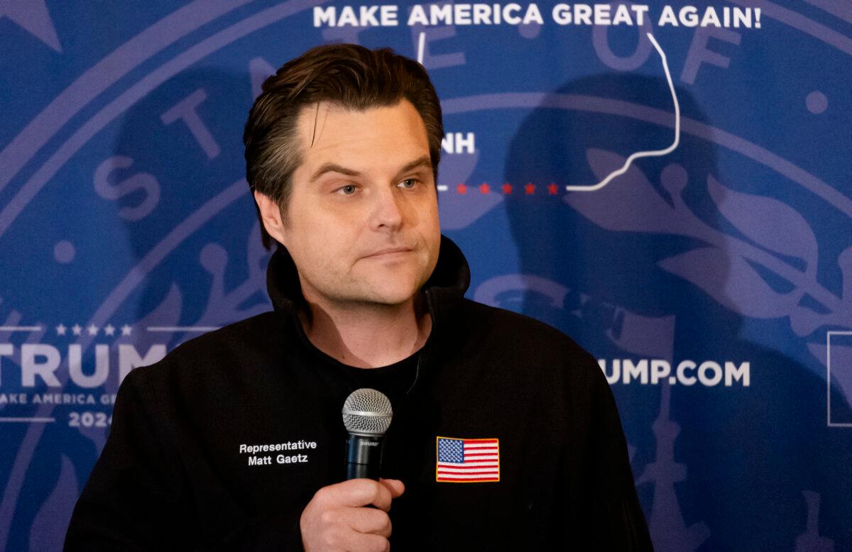 Rep. Matt Gaetz (R-Fla.) speaks with supporters of Donald Trump in Keene, N.H., on Jan. 21, 2024. (John Fredricks/The Epoch Times)