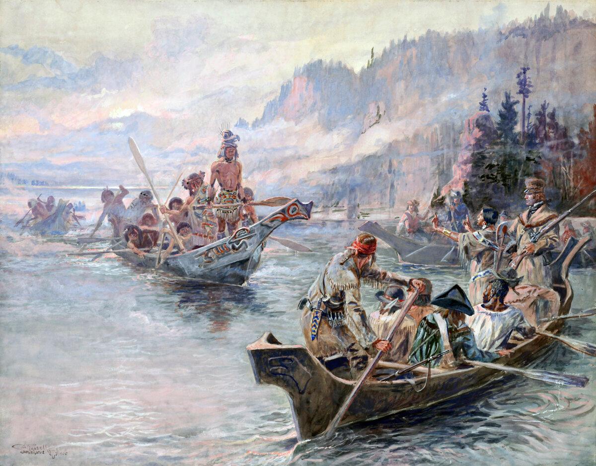"Lewis and Clark on the Lower Columbia," 1905, by Charles M. Russell. A painting of the expedition depicting Sacagawea with arms outstretched. (Public Domain)