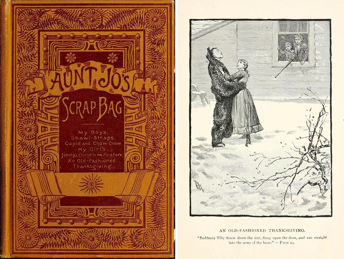 “Aunt Jo's Scrap-Bag” with frontispiece illustration for poem “An Old-Fashioned Thanksgiving” by Louisa May Alcott, circa 1885. Internet Archive. (Public Domain)