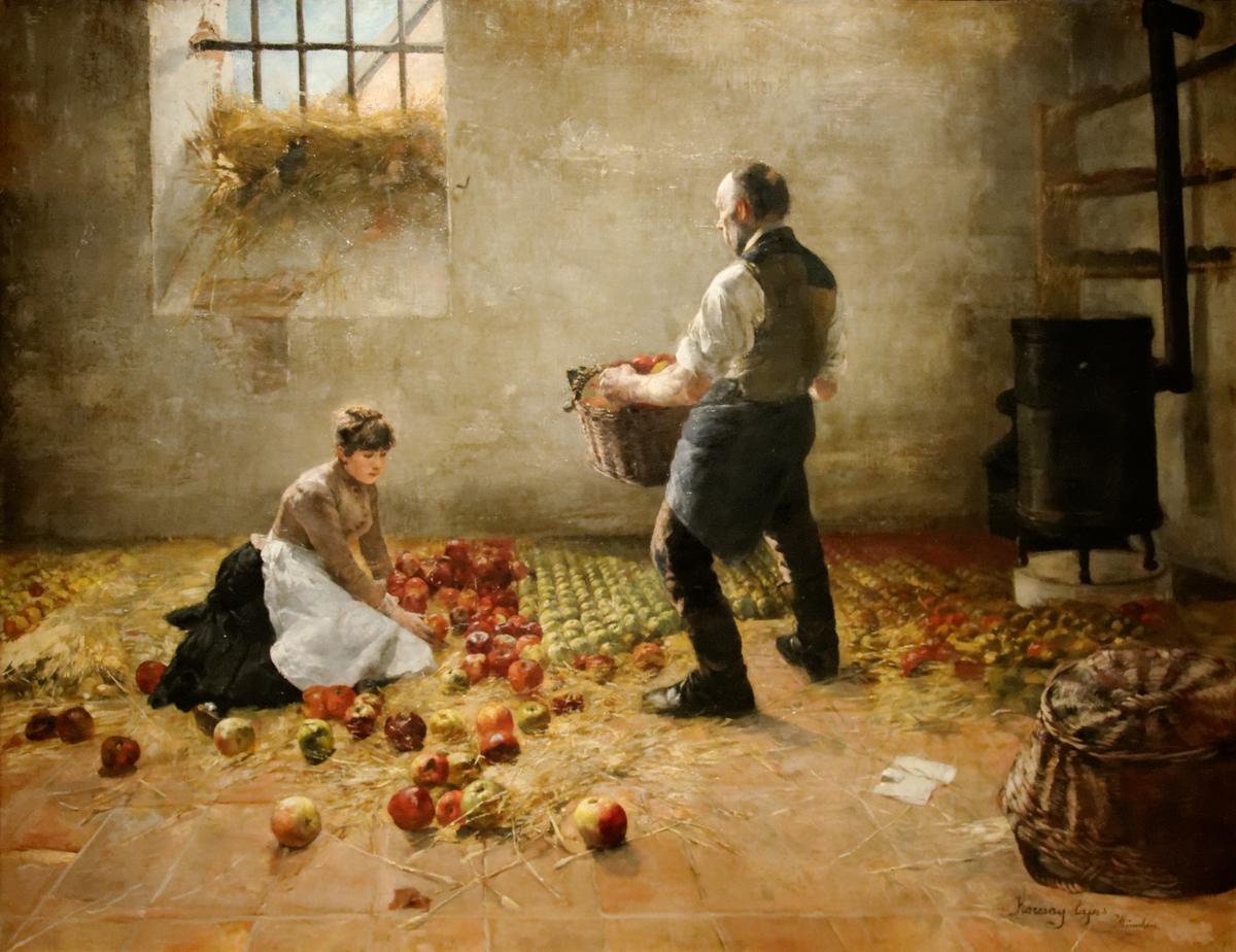 "The Apple Harvest," circa 1885, by Lajos Karcsay. Exhibited at the Hungarian National Gallery, Budapest. (<a href="https://commons.wikimedia.org/wiki/File:Apple_harvest_Lajos_Karcsay.jpg" target="_blank" rel="nofollow noopener">Yelkrokoyade</a>/<a href="https://creativecommons.org/licenses/by-sa/3.0/deed.en" target="_blank" rel="nofollow noopener">CC BY-SA 3.0</a>)