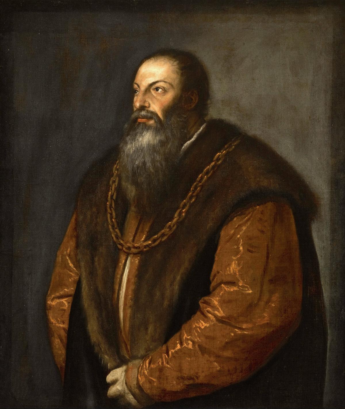 提香1537年創作的皮埃特羅‧阿雷蒂諾(Pietro Aretino)肖像,布面油畫,101.9 cm × 85.7 cm,亨利‧克萊‧弗里克遺贈,藏於紐約市弗里克收藏館。本丟‧彼拉多的形象就以這位著名作家、提香的友人為原型。(公有領域)