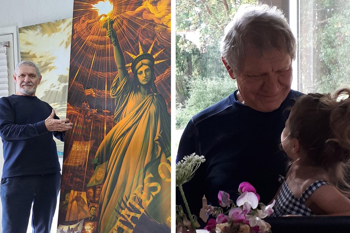 (Left) Frank Licsko presents "Icons of American Liberty;" (Right) Frank Licsko and one of his grandchildren. (Courtesy of Frank Licsko)