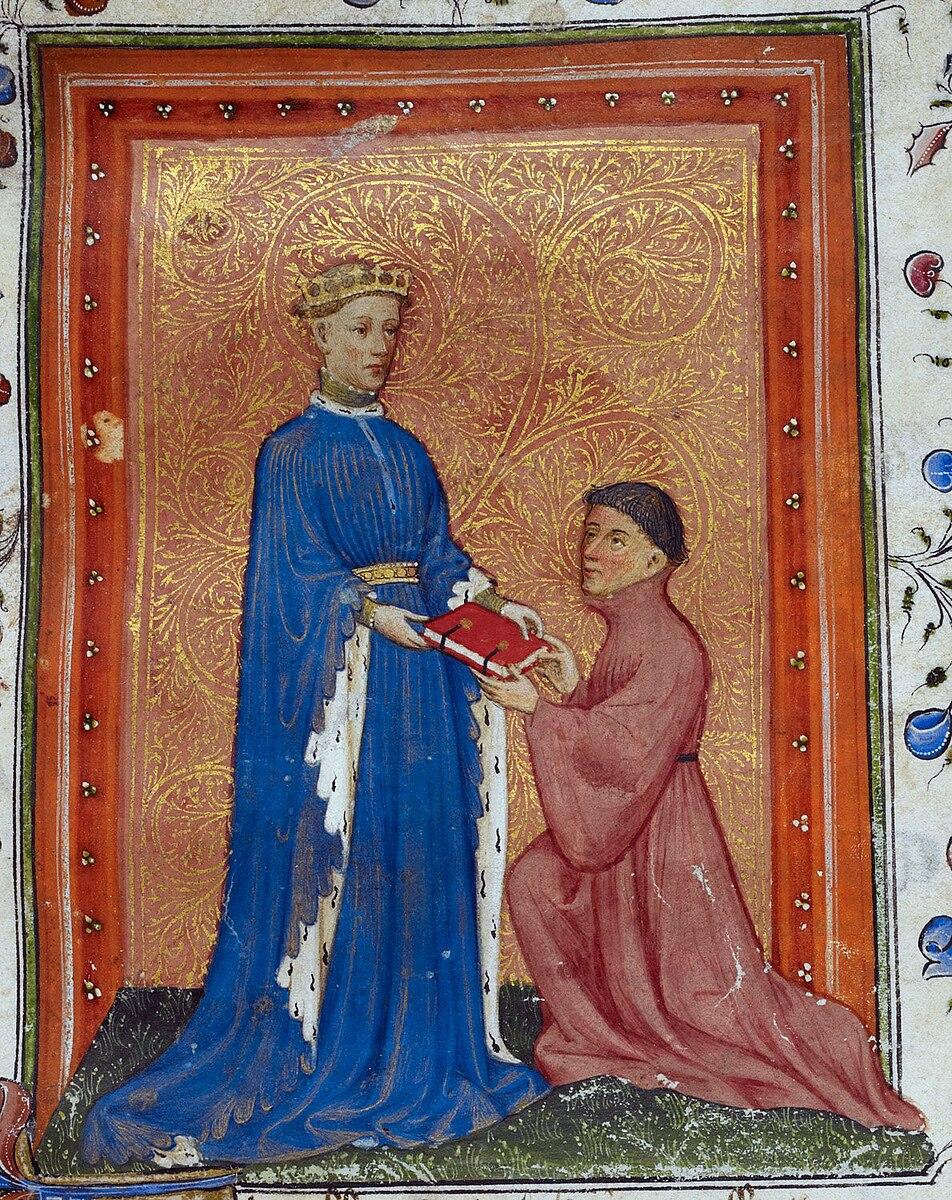 Henry V (L) exchanges a book with John Mowbray in a parchment illustration from 1411-1412. British Library, London. (PD-US)