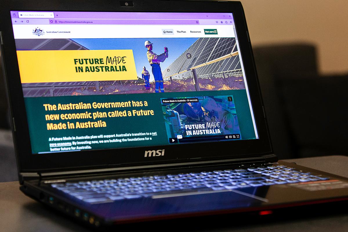 A photo of the main website for the Albanese Labor government's Future Made in Australia initiative, which is aimed at competing with developed countries trying to encourage local advanced manufacturing independent of Chinese supply chains. The key areas of focus are critical mineral refinement and green technology for renewables. This photo is taken in Perth, Australia on Nov. 25, 2024. (Wade Zhong/The Epoch Times)
