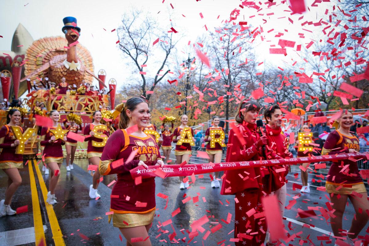 Revelers react as the annual Thanksgiving Day Parade kicks off in New York on Nov. 28, 2024. (Kena Betancur/Getty Images)