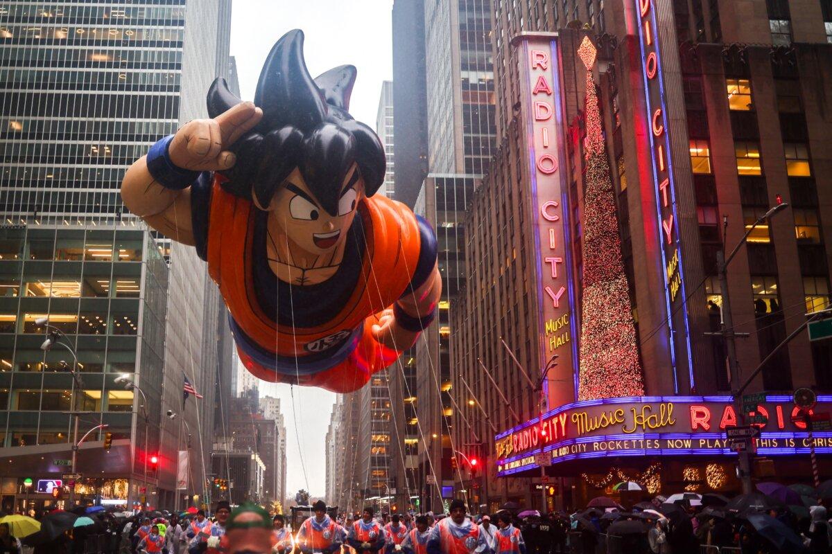 The Goku, from Dragon Ball, balloon floats during the annual Macy's Thanksgiving Day Parade in New York on Nov. 28, 2024. (Charly Triballeau/AFP via Getty Images)