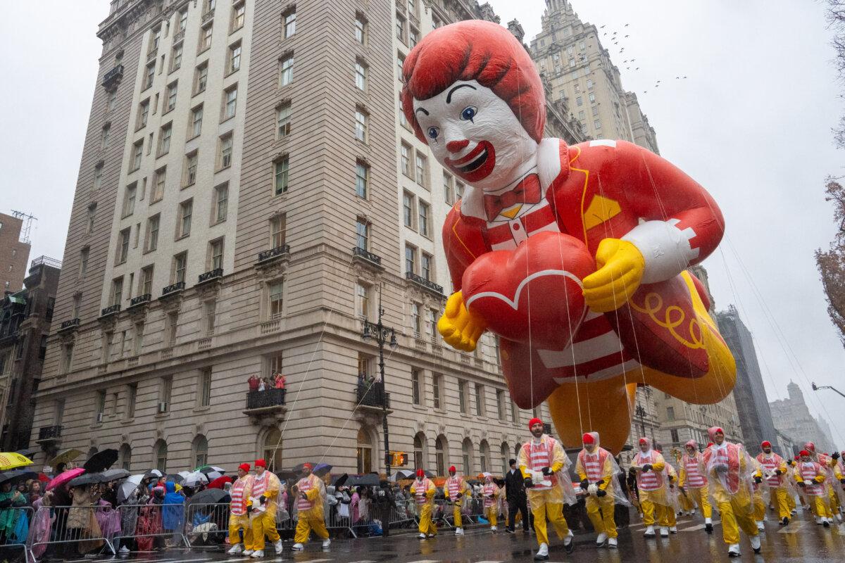 The Ronald McDonald balloon floats down the street during the annual Macy's Thanksgiving Day Parade in New York on Nov. 28, 2024. (David Dee Delgado/AFP via Getty Images)