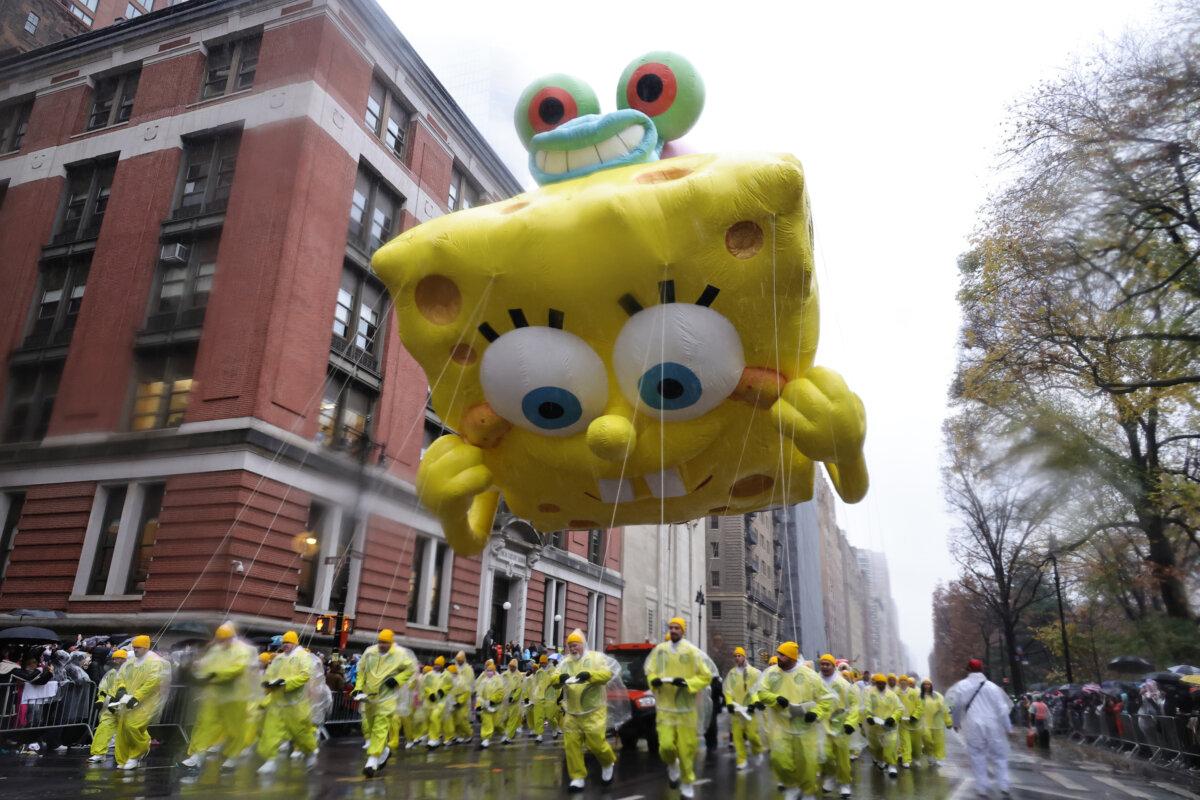 The SpongeBob balloon during the 2024 Macy's Thanksgiving Day Parade in New York on Nov. 28, 2024. (Theo Wargo/Getty Images)