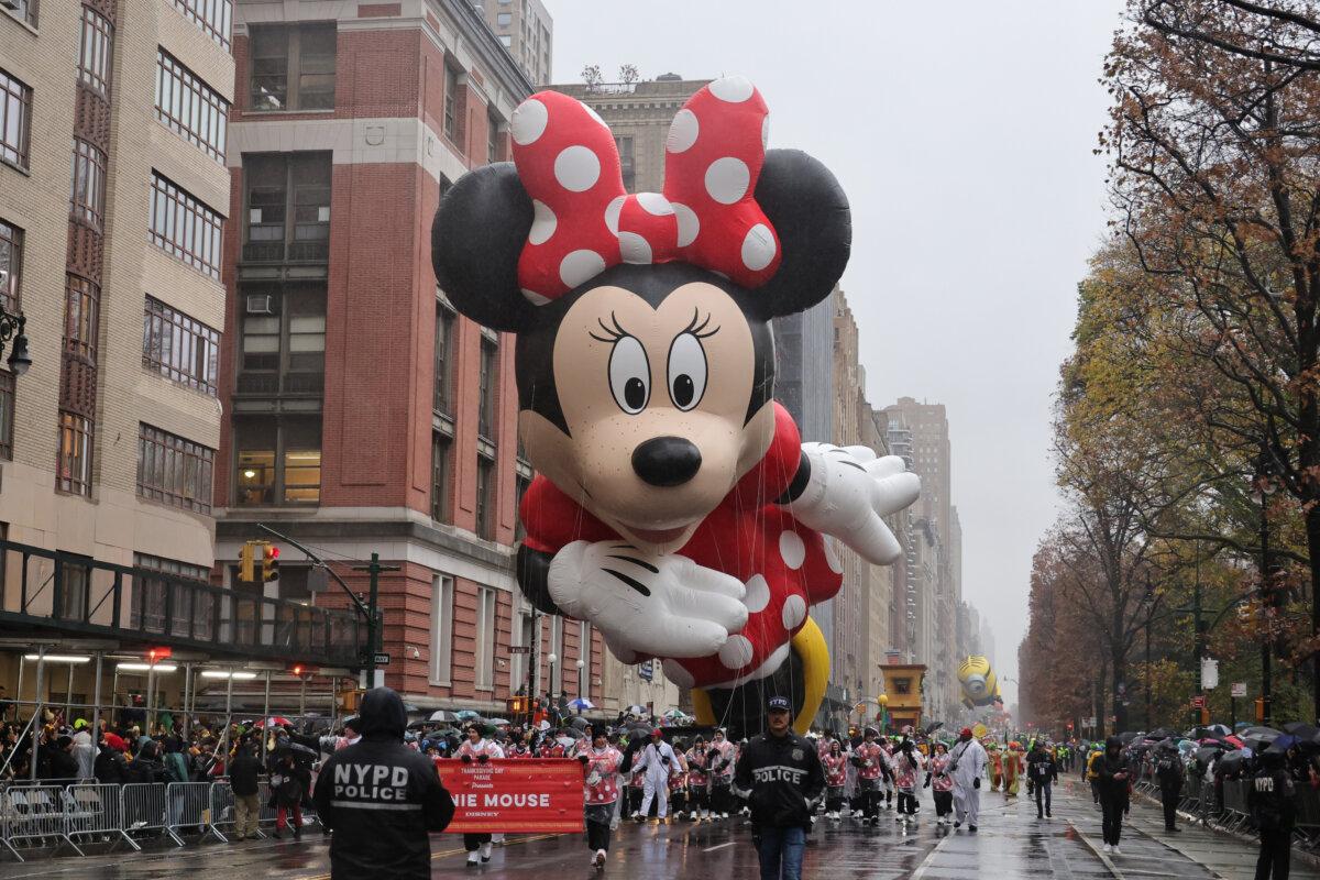 A balloon of Minnie Mouse during the 2024 Macy's Thanksgiving Day Parade in New York on Nov. 28, 2024. (Theo Wargo/Getty Images)