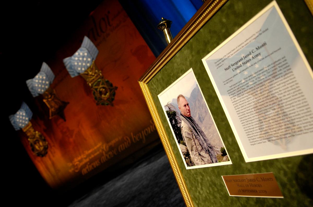 A plaque bears the photo and Medal of Honor citation of the late Army Sgt. 1st Class Jared C. Monti who was inducted into the Hall of Heroes at the Pentagon, Sept. 18, 2009. (Public Domain)