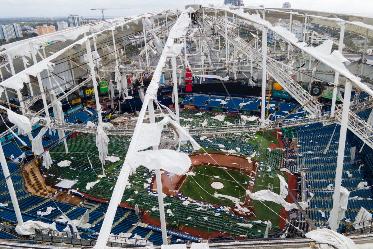 The roof of the Tropicana Field is damaged the morning after Hurricane Milton hit the region, in St. Petersburg, Fla., on Oct. 10, 2024. (Julio Cortez/AP Photo)