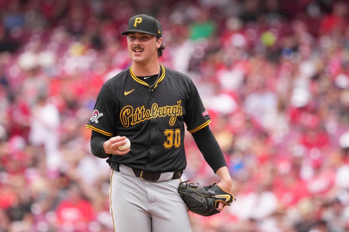 Pittsburgh Pirates' Paul Skenes resets on the mound before delivering a pitch during the fourth inning of a baseball game against the Cincinnati Reds in Cincinnati on Sept. 22, 2024. (Kareem Elgazzar/AP Photo)