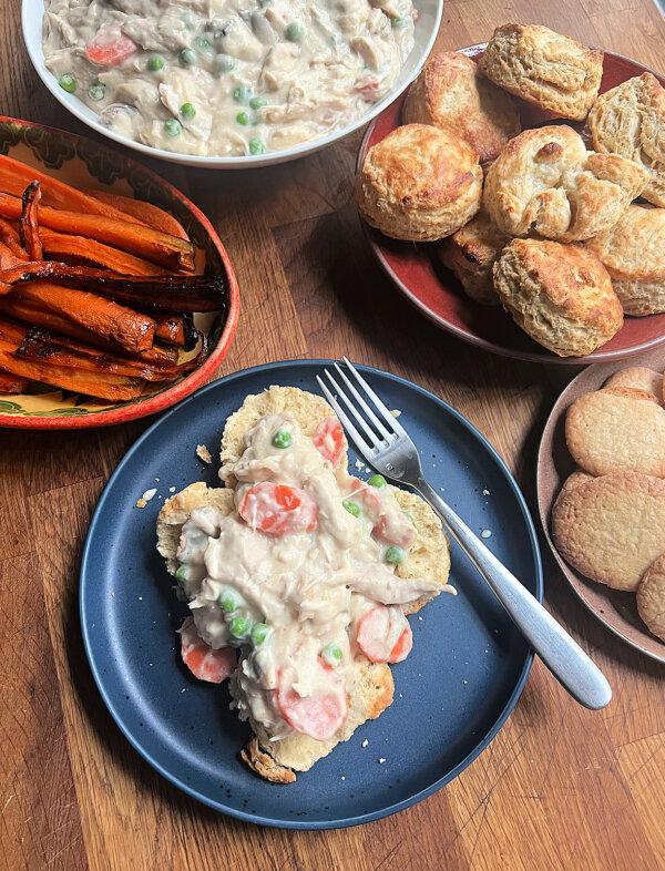 This budget dinner for four includes roasted carrots, homemade chicken and biscuits, and scratch vanilla wafers for dessert. (Gretchen McKay/Pittsburgh Post-Gazette/TNS)