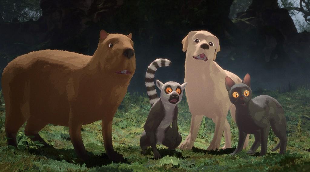 A capybara, ring-tailed lemur, Golden Lab, and a cat have an adventure together, in "Flow." (Dream Well Studio)