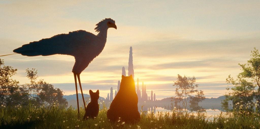 A secretarybird, the cat, and the capybara look at the horizon, in "Flow." (Dream Well Studio)