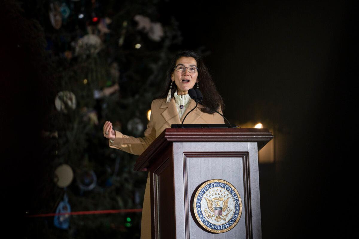 Rep. Mary Peltola (D-Alaska) speaks during the U.S. Capitol Christmas Tree Lighting Ceremony in Washington on Dec. 3, 2024. (Madalina Vasiliu/The Epoch Times)